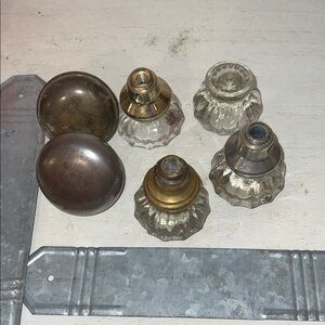 Lot Antique door hardware knobs glass brass tin